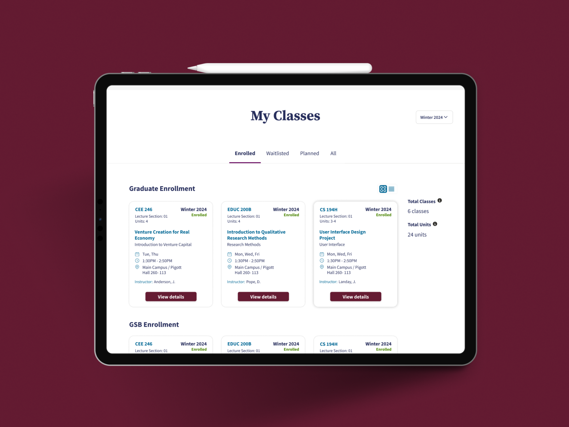 Enrollment dashboard with three-tab navigation