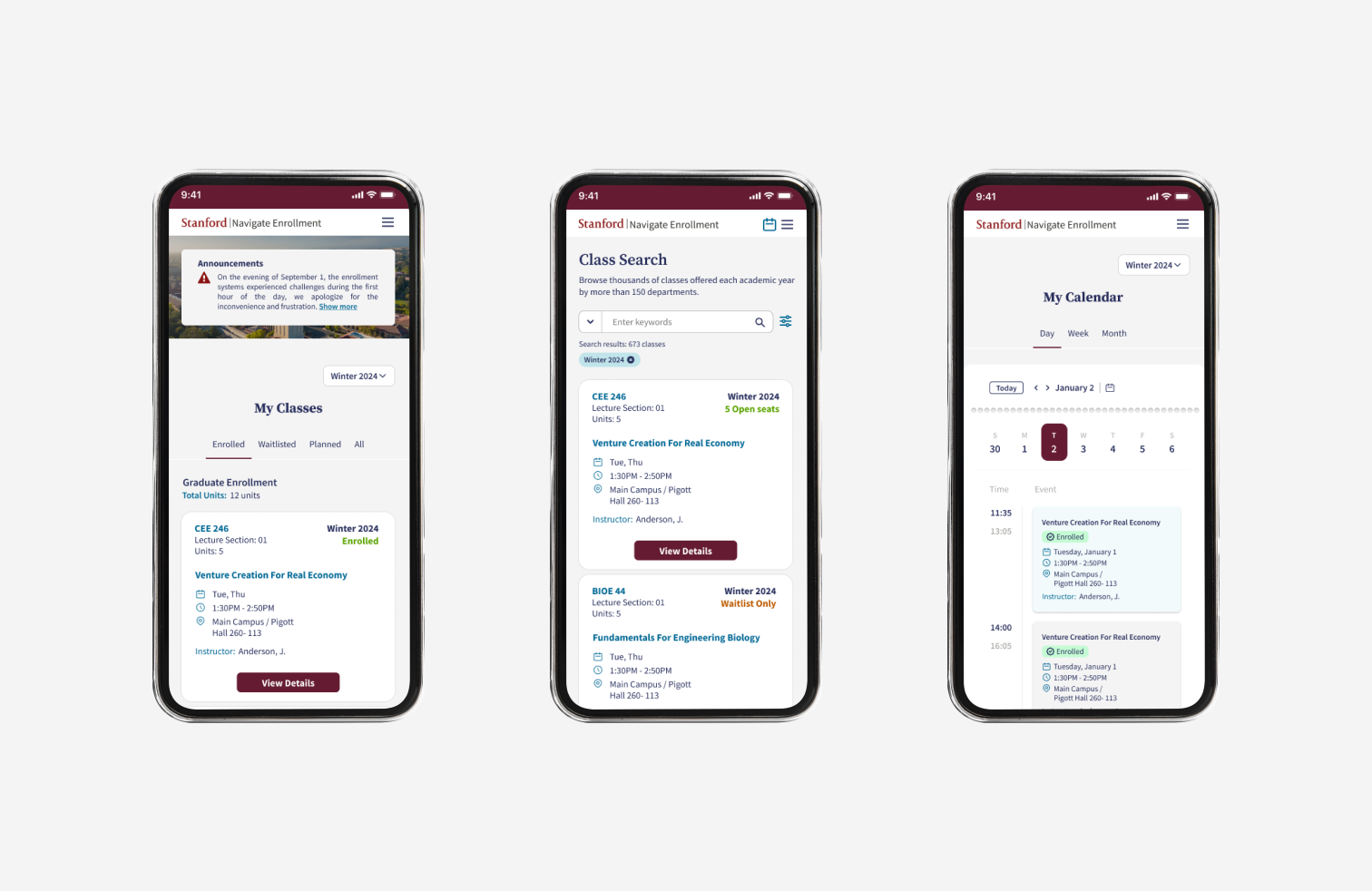 Mobile screens — dashboard, search, calendar