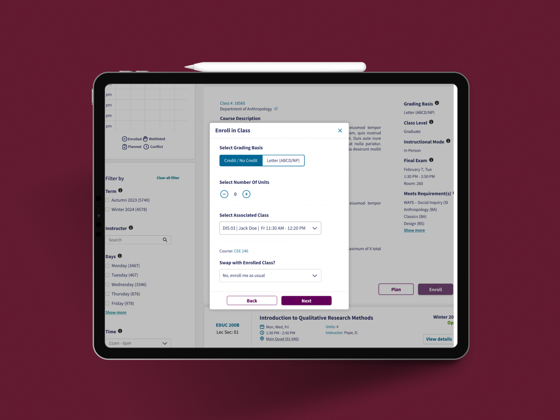 Enroll in Class modal view
